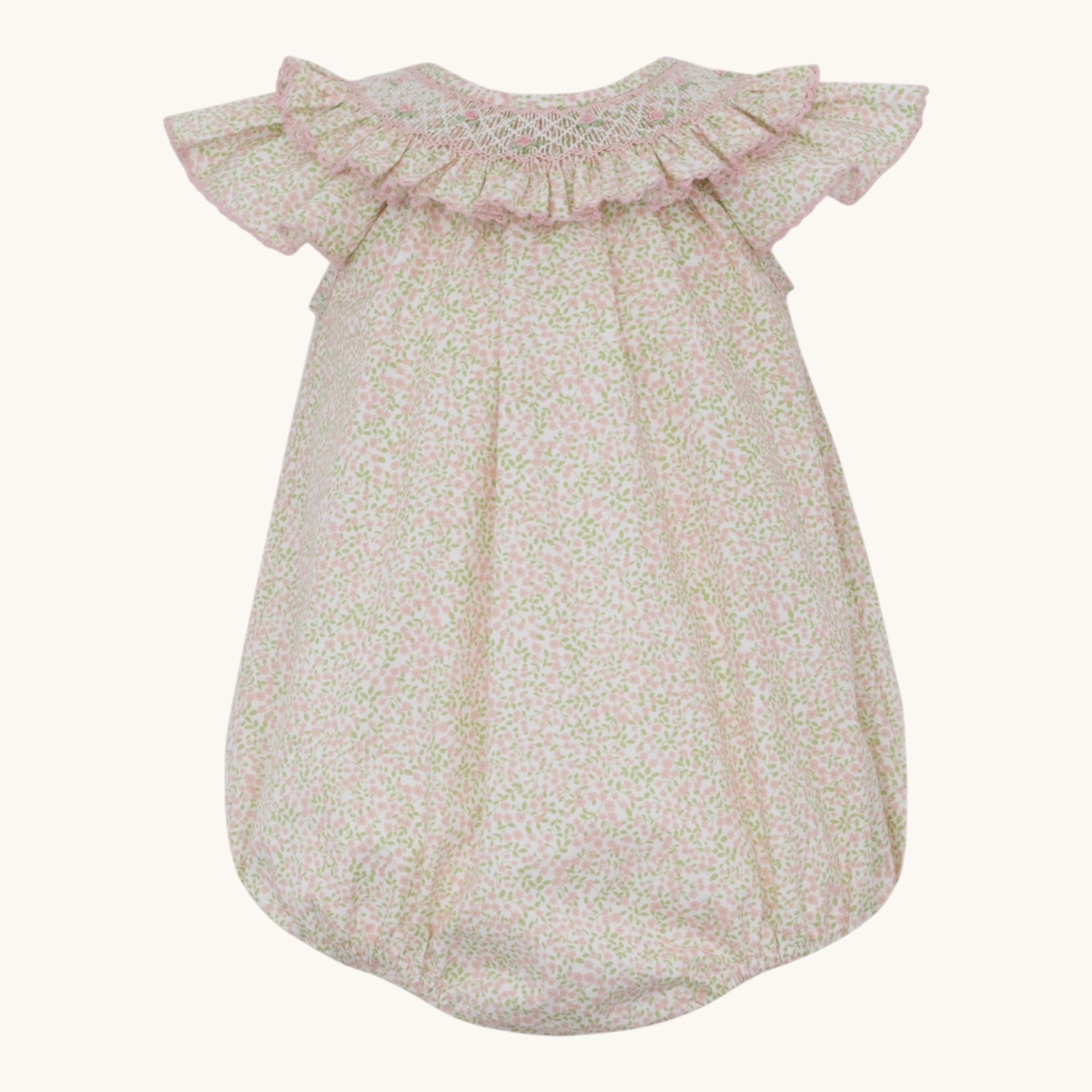 EVANGELINE- Pink mini floral angel wing bishop bubble w/ smocked ruffle collar
