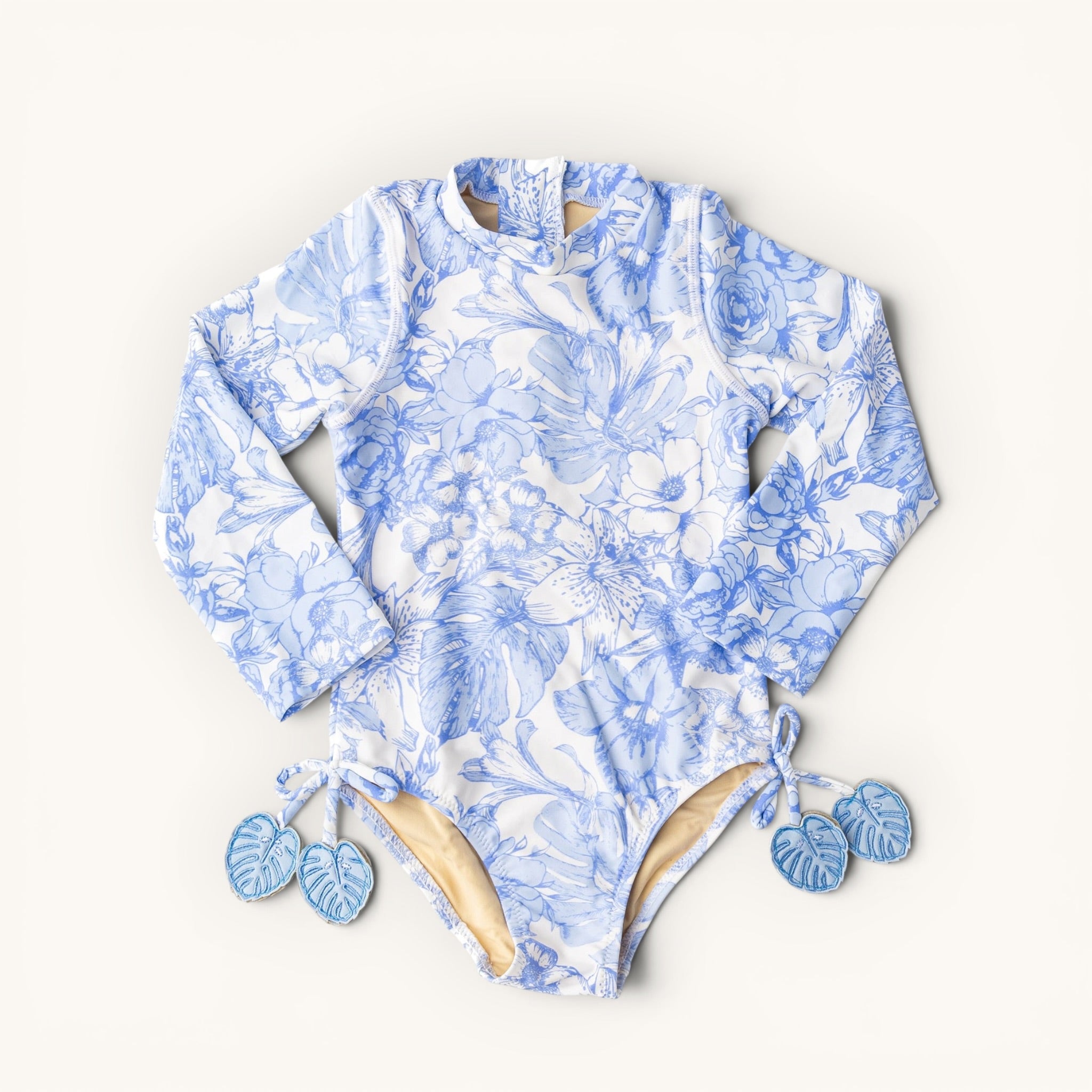 Tropical Blues Girls Long Sleeve One Piece Swimsuit
