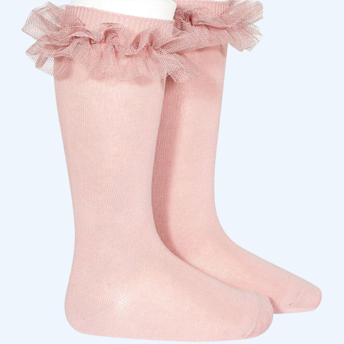 CALCETINES ALTOS PUNTO LISO CON TIRA TUL FRUNCIDO