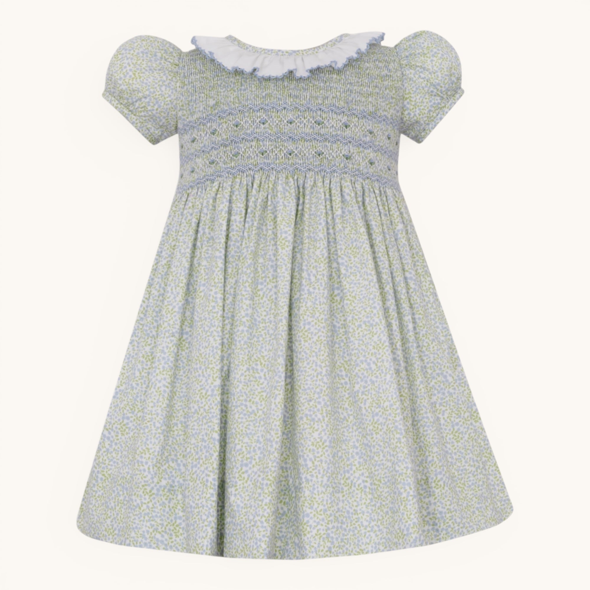 ARABELLA- French blue tiny floral print dress w/ white ruffle