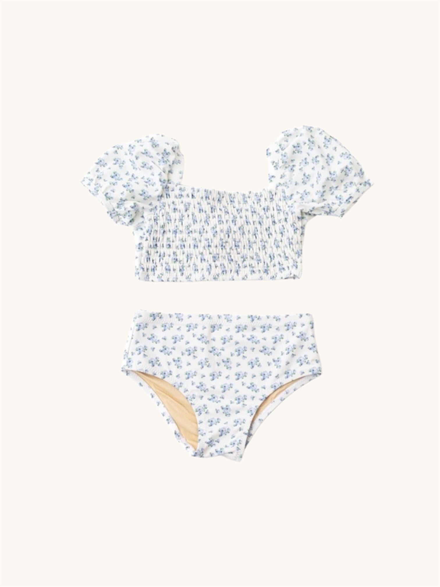 Cottage Floral Blue Girls Smocked Puff Sleeve Two Piece Swimsuit