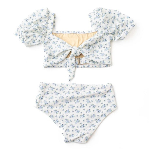 Cottage Floral Blue Girls Smocked Puff Sleeve Two Piece Swimsuit