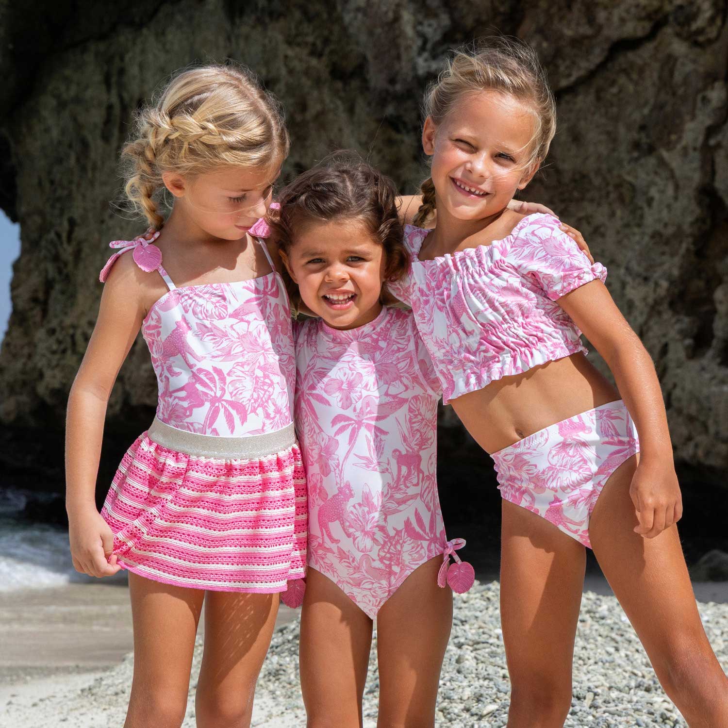 Pink Paradise Girls Smocked Puff Sleeve Two Piece Swimsuit