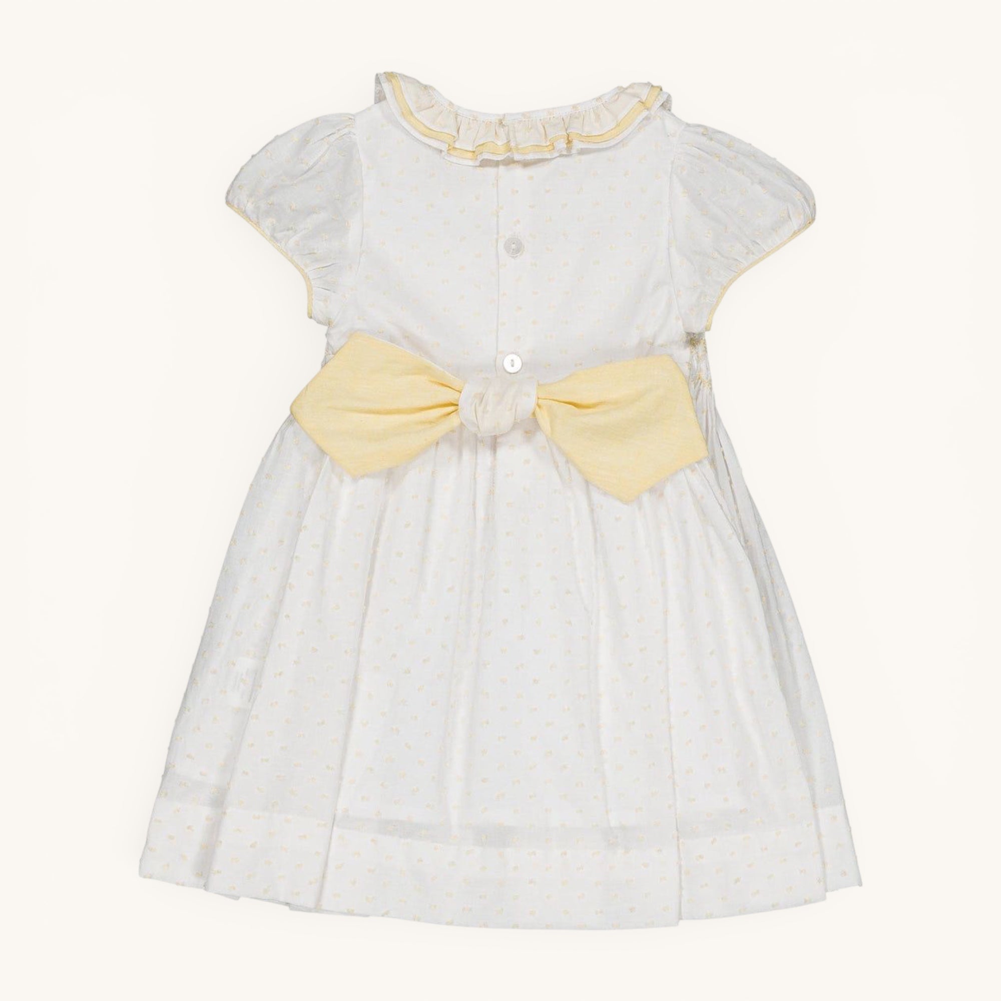 Hars Smocked Dress — White Voile, Yellow Dots