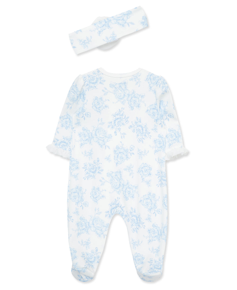 Blue Roses 2-Way-Zip Footed One-Piece And Headband