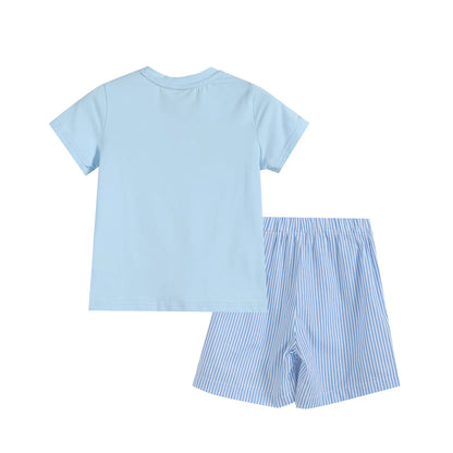 Tractor Smocked T-Shirt with Blue Striped Shorts Set