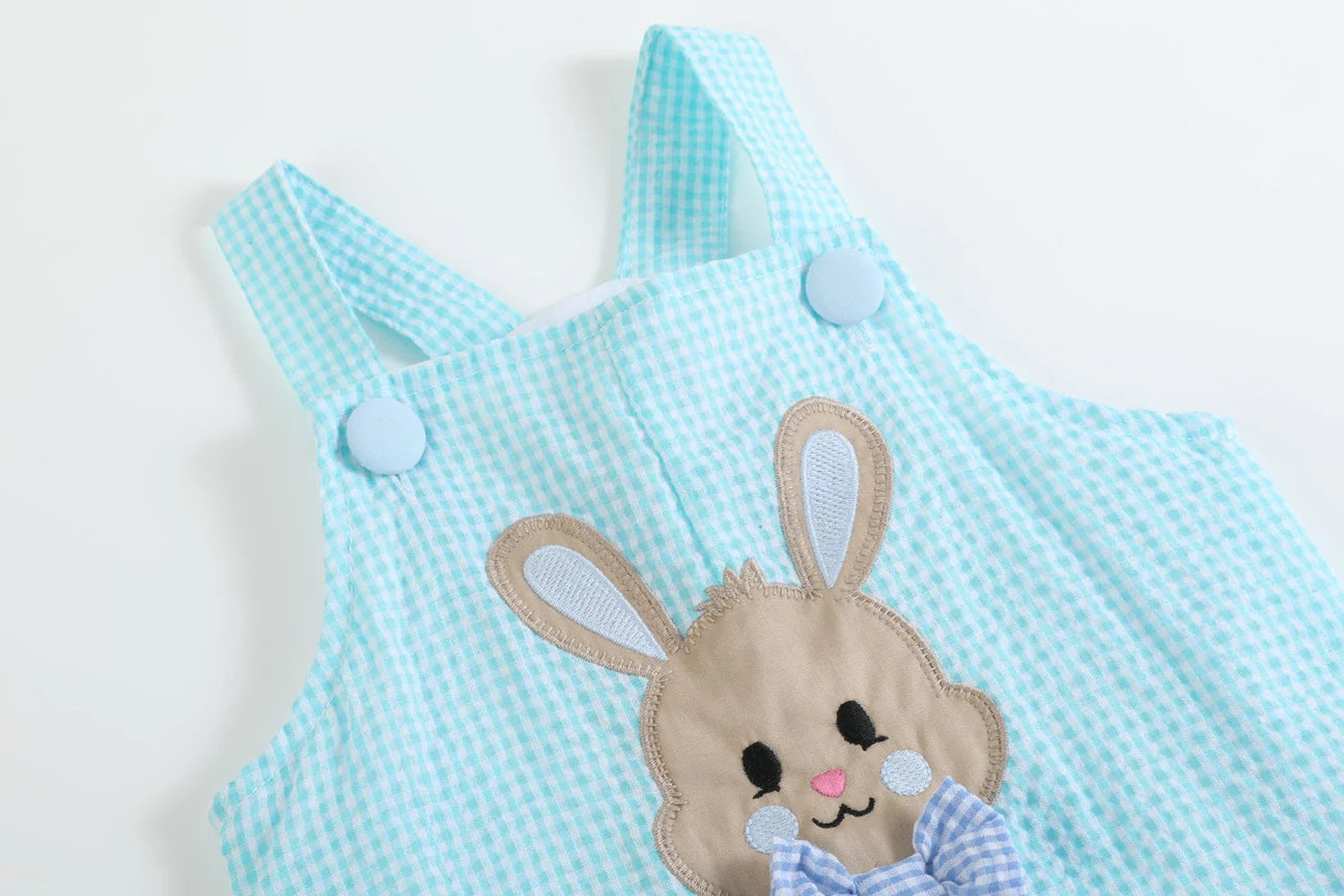 Blue Bow Tie Bunny Applique Shortalls