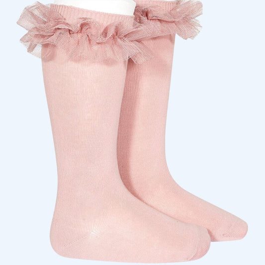CALCETINES ALTOS PUNTO LISO CON TIRA TUL FRUNCIDO