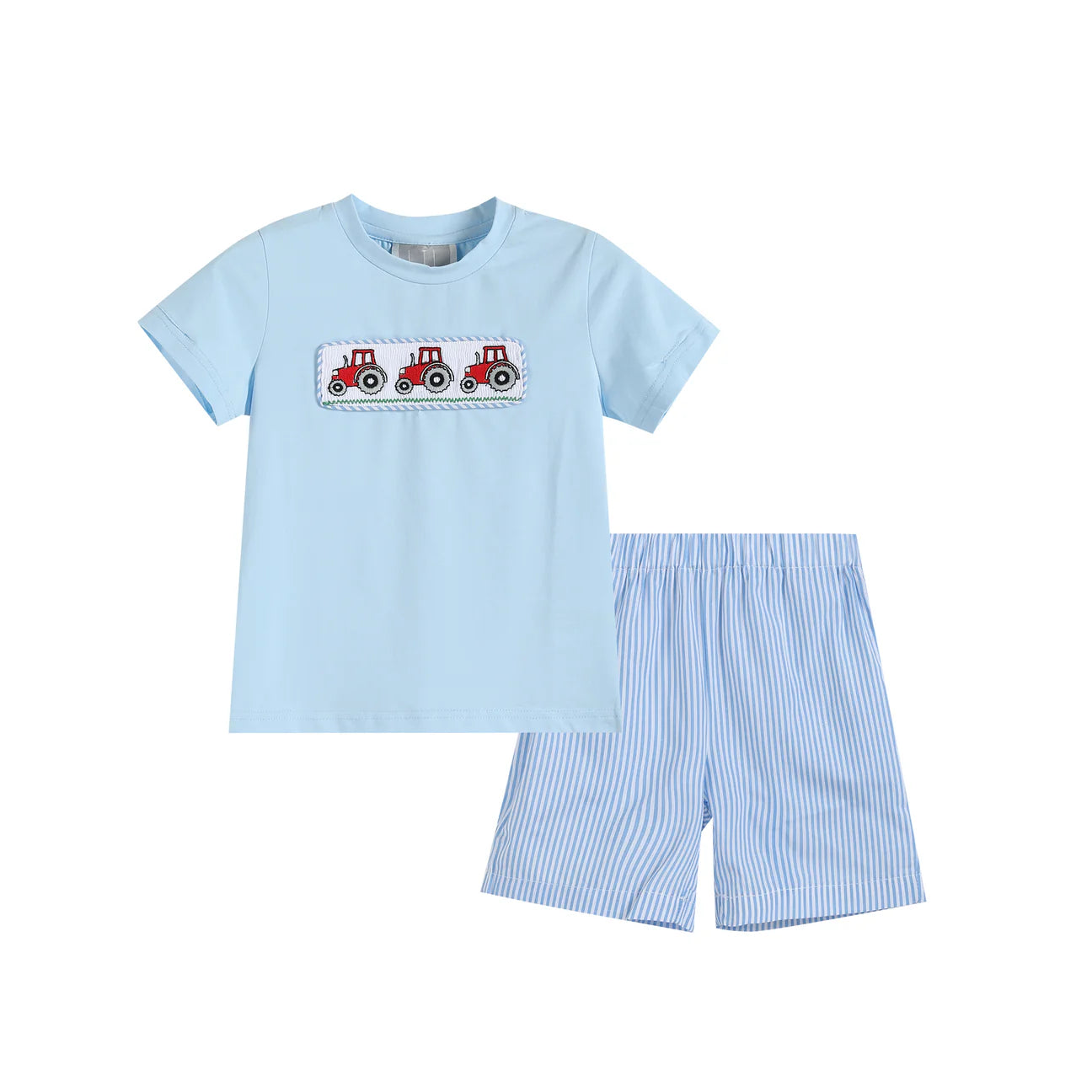 Tractor Smocked T-Shirt with Blue Striped Shorts Set