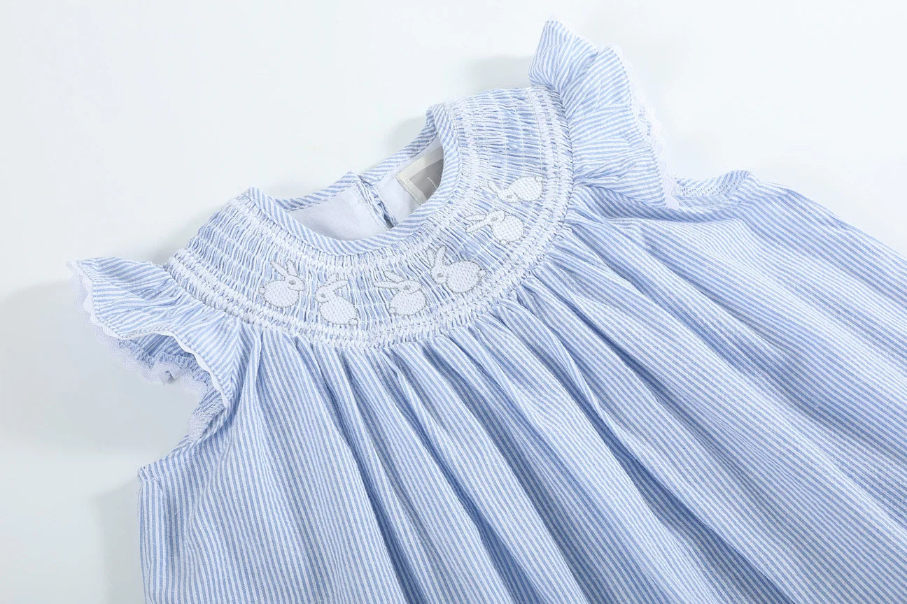 Light Blue Seersucker Bunny Smocked Bishop Dress