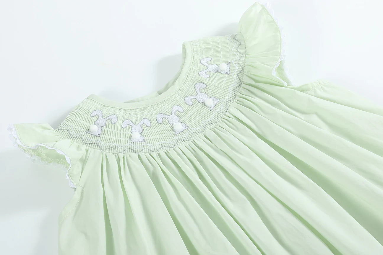 Honeydew Green Bunny Smocked Bishop Dress