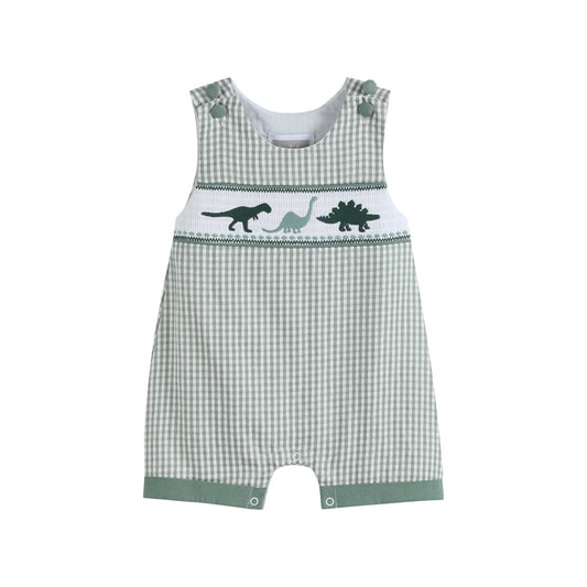 Green Gingham Dinosaur Smocked Shortalls