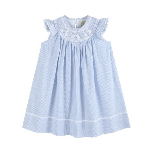 Light Blue Seersucker Bunny Smocked Bishop Dress