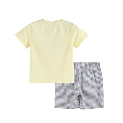 Green Tractor Smocked T-Shirt and Gray Gingham Shorts Set