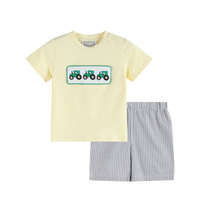 Green Tractor Smocked T-Shirt and Gray Gingham Shorts Set