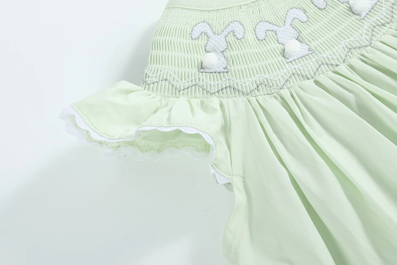 Honeydew Green Bunny Smocked Bishop Dress