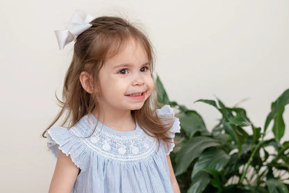 Light Blue Seersucker Bunny Smocked Bishop Dress