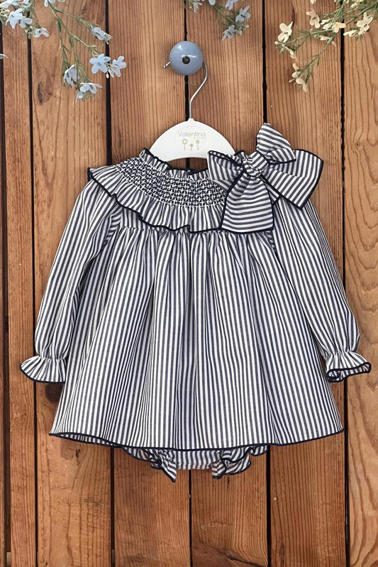 Navy Striped Smocked Dress & Bloomers