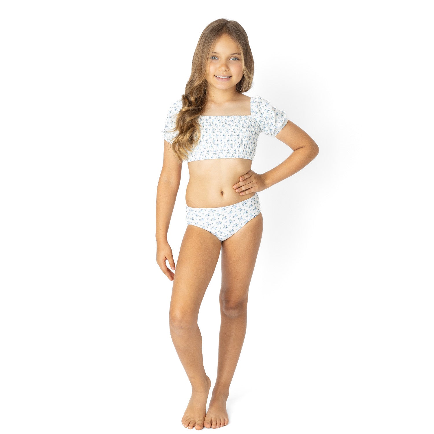Cottage Floral Blue Girls Smocked Puff Sleeve Two Piece Swimsuit