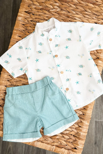 Sage Green Beach Print Shirt & Shorts