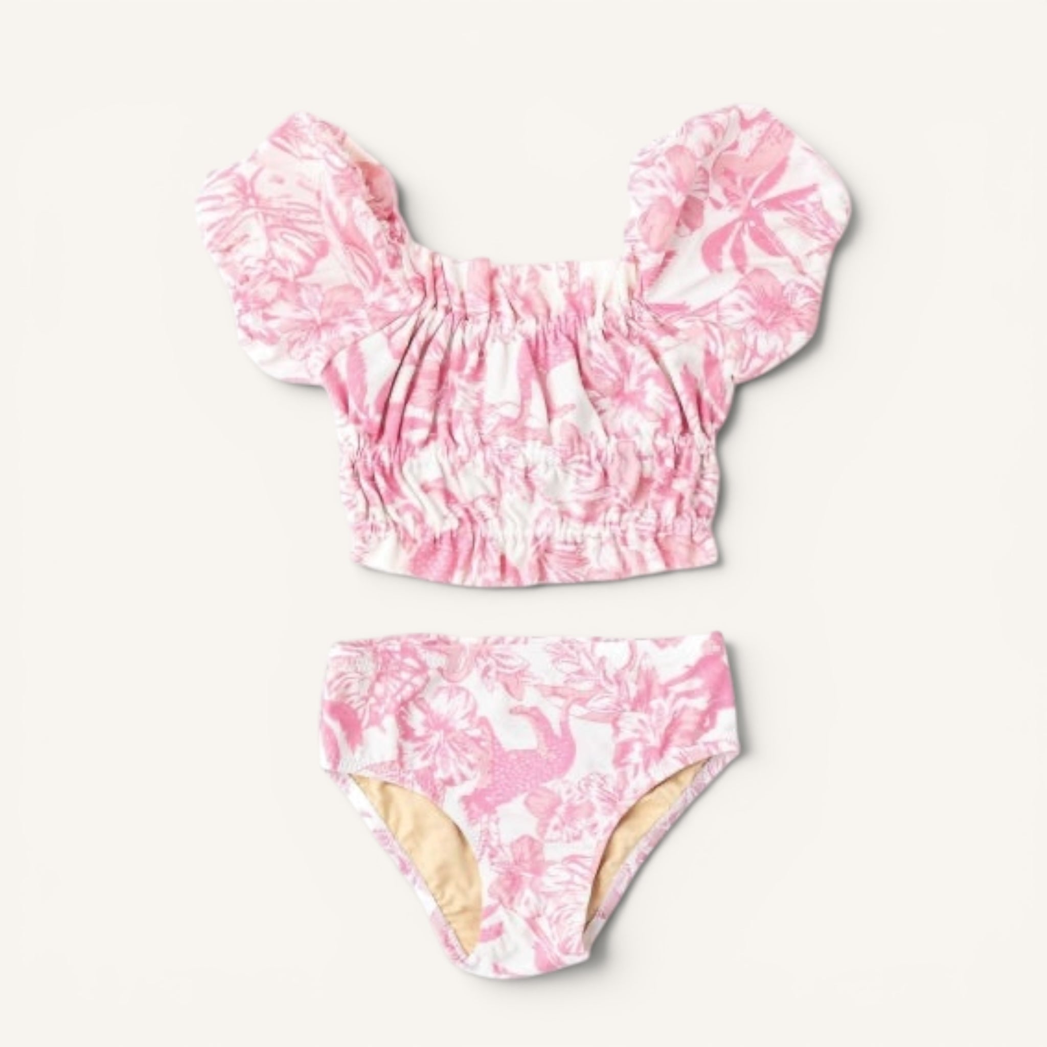 Pink Paradise Girls Smocked Puff Sleeve Two Piece Swimsuit