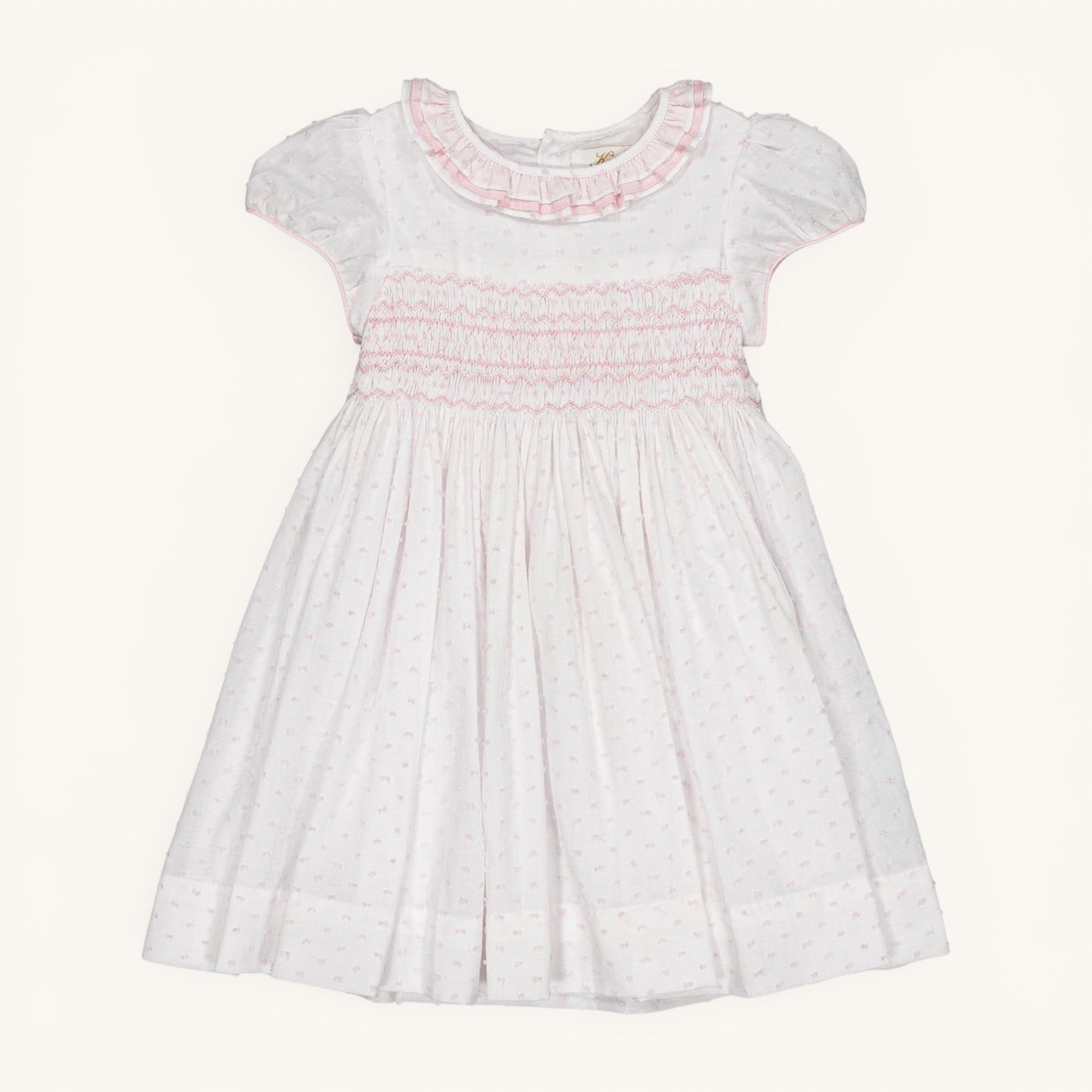 Hars Smocked Dress — White Voile, Rose Dots