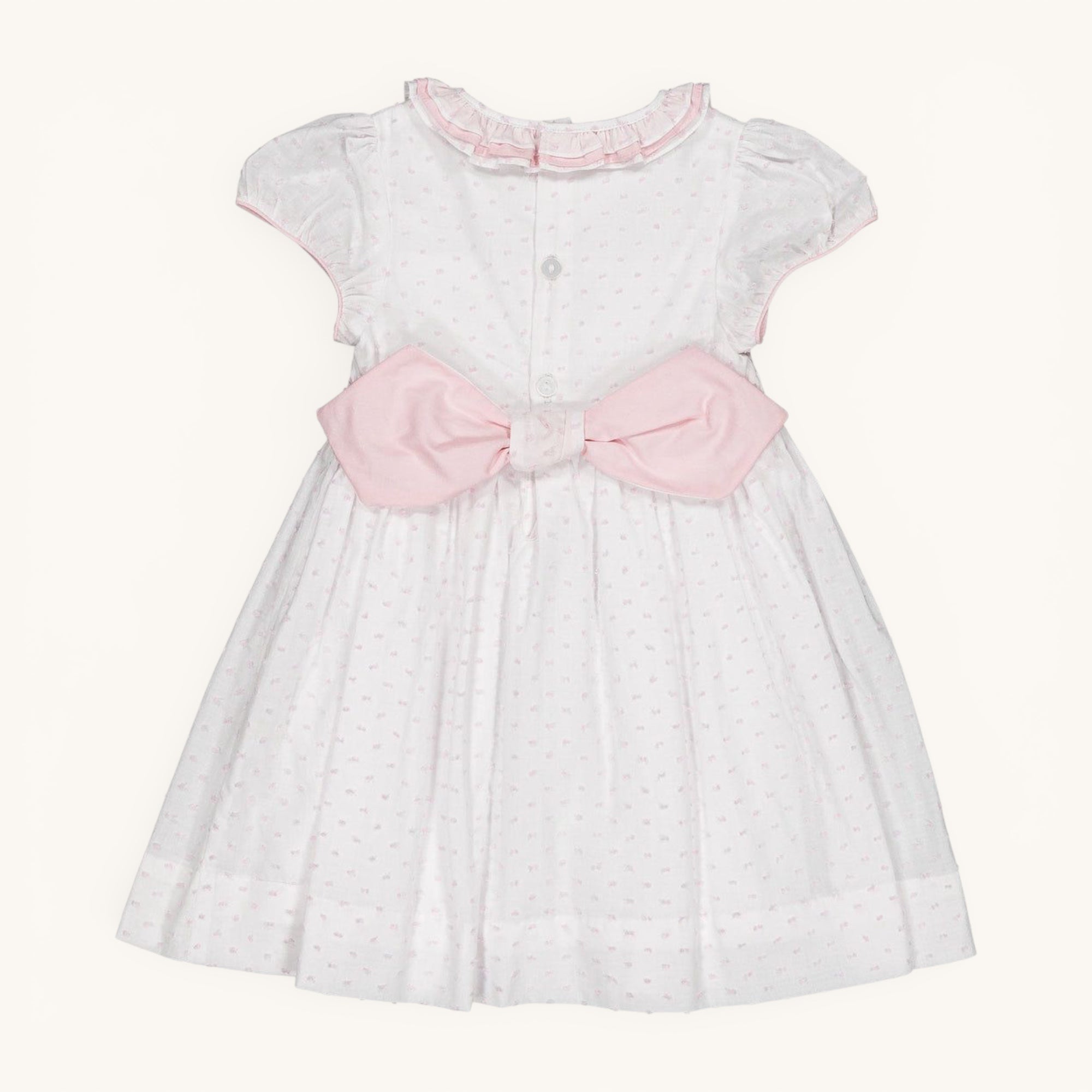 Hars Smocked Dress — White Voile, Rose Dots