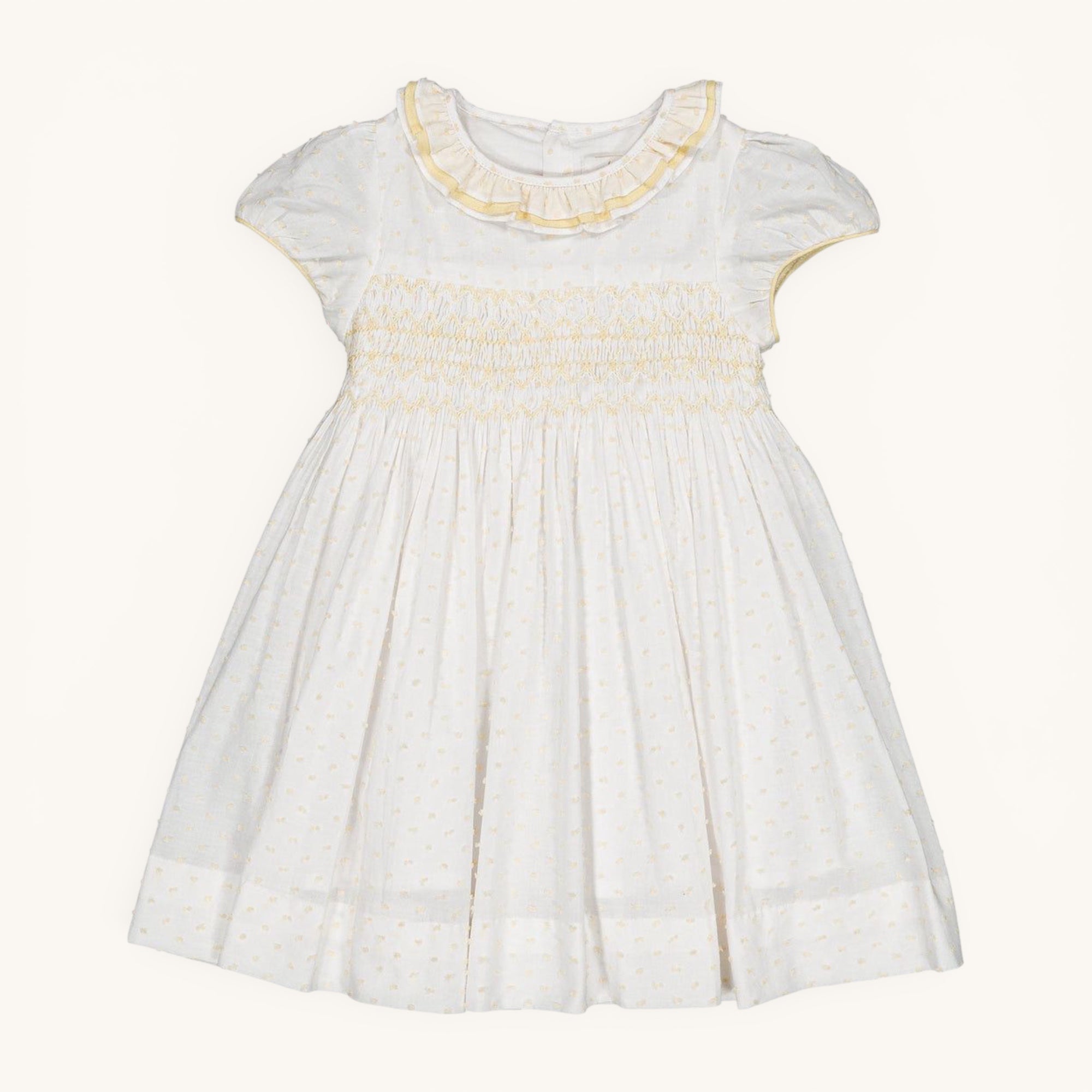 Hars Smocked Dress — White Voile, Yellow Dots