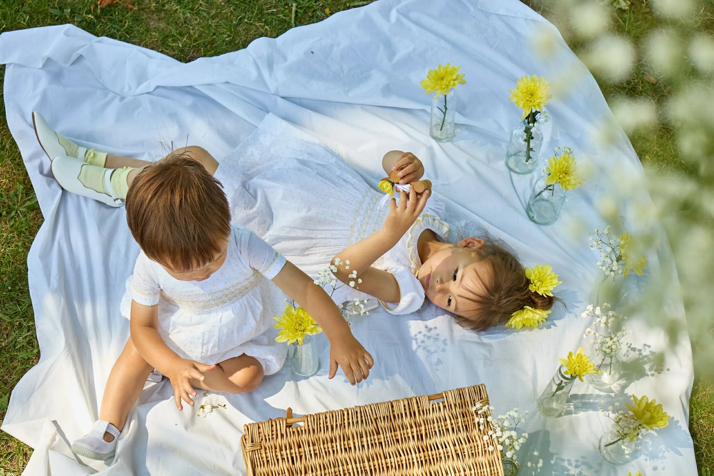 Hars Smocked Dress — White Voile, Yellow Dots