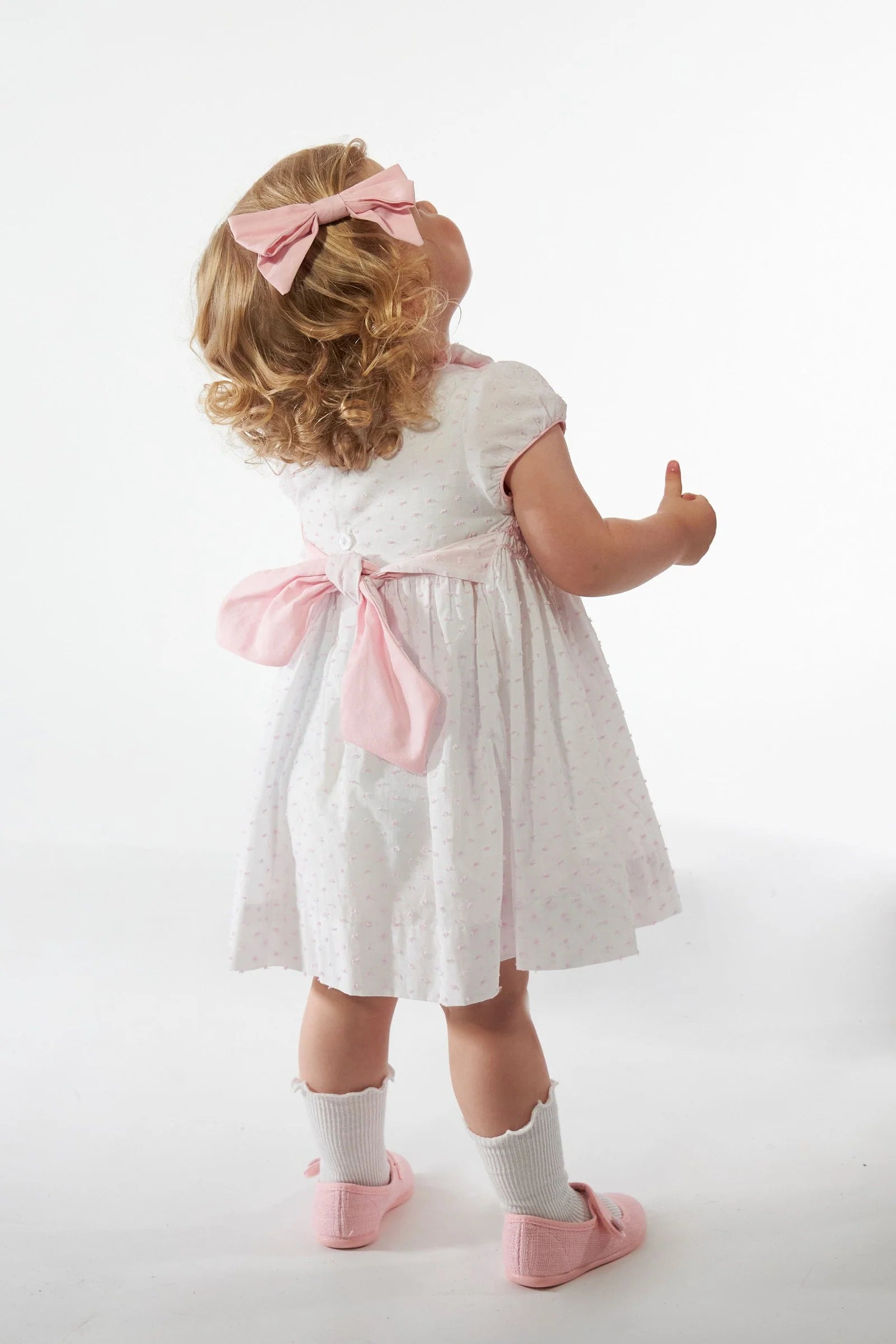 Hars Smocked Dress — White Voile, Rose Dots