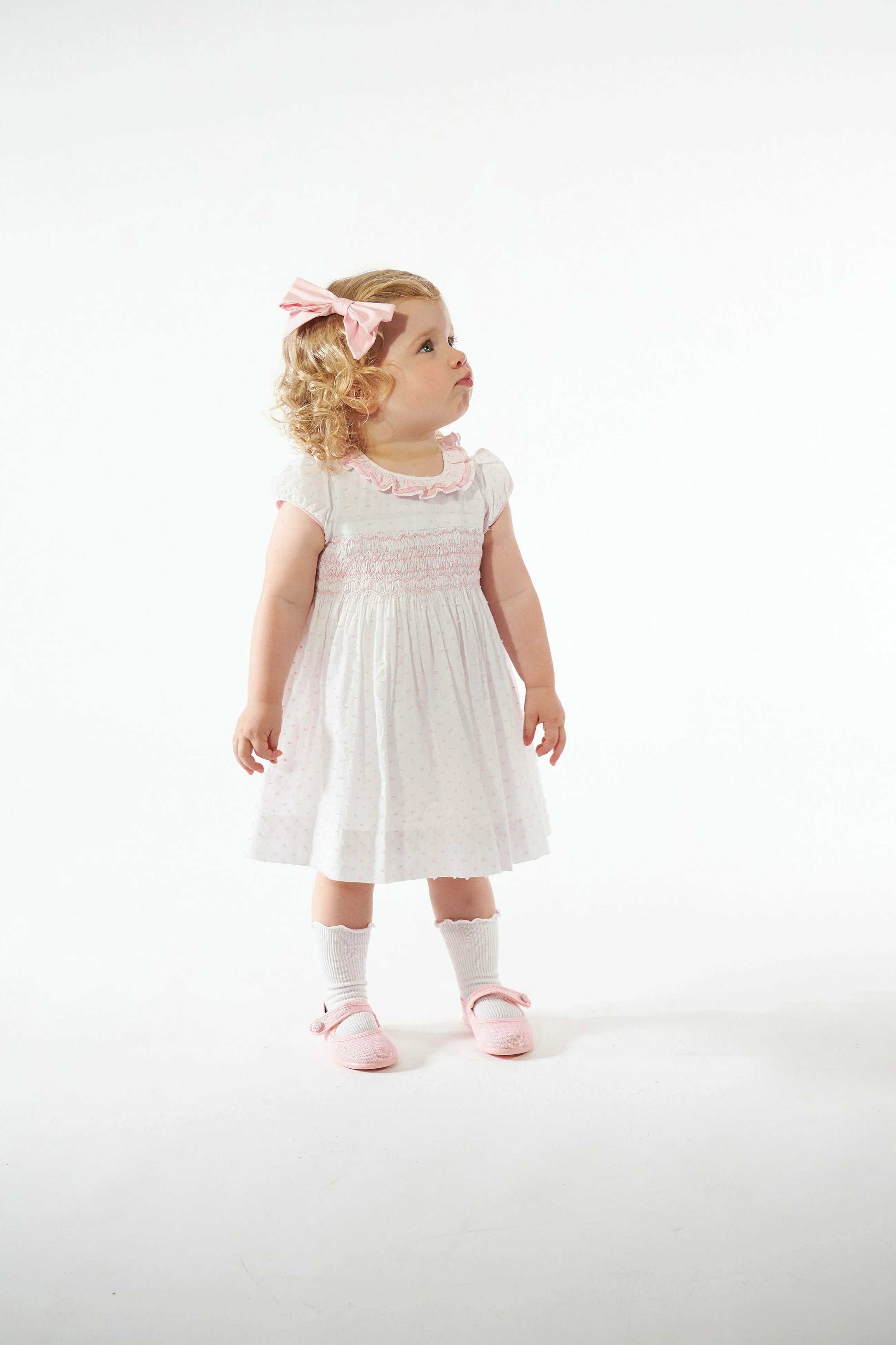 Hars Smocked Dress — White Voile, Rose Dots