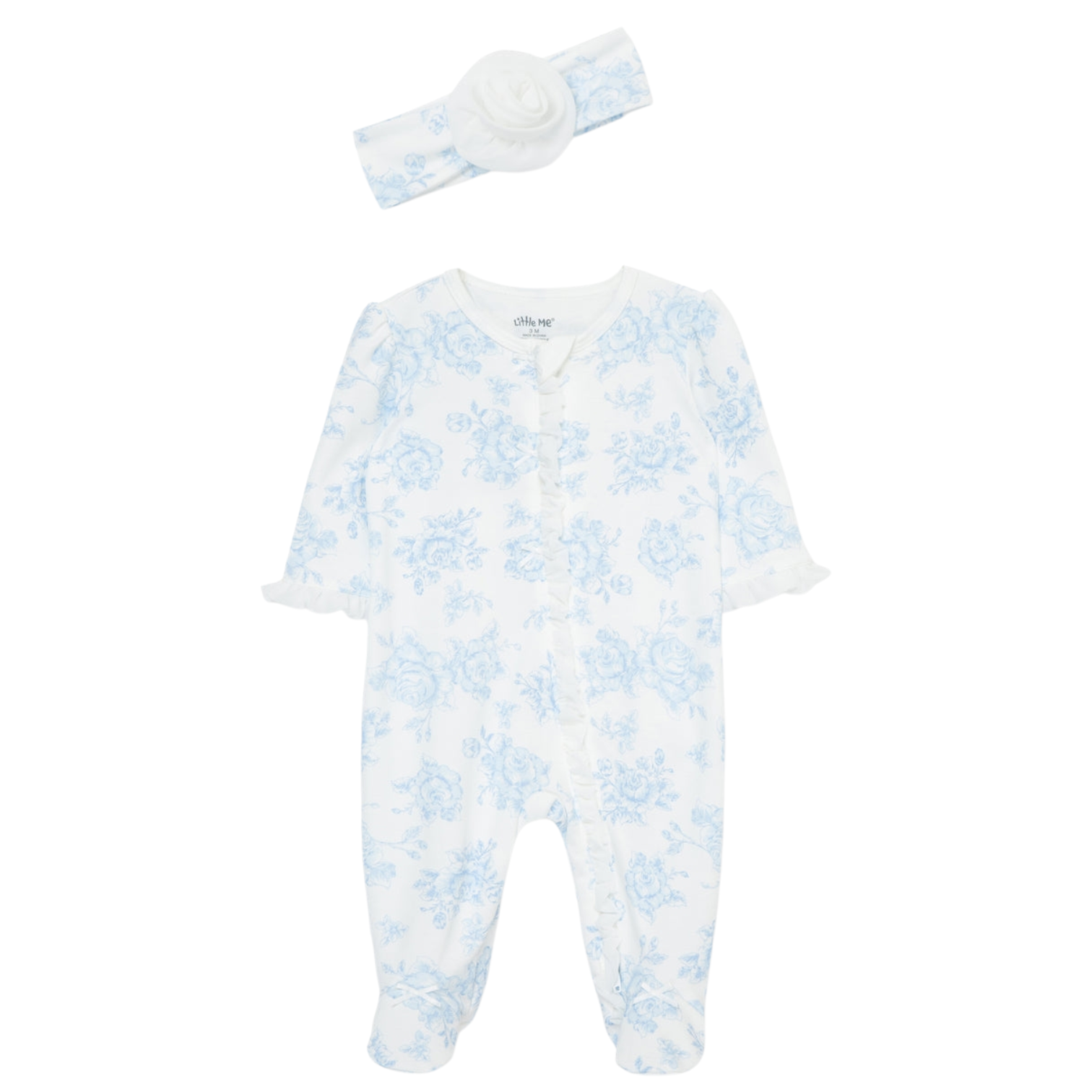 Blue Roses 2-Way-Zip Footed One-Piece And Headband